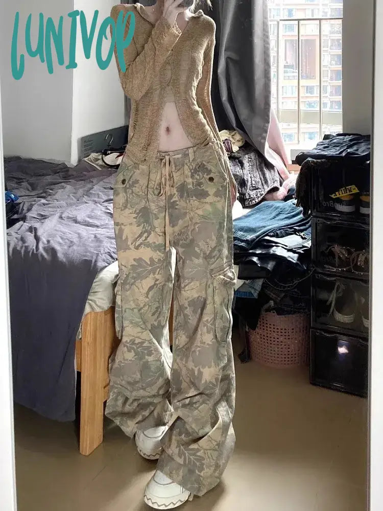 Lunivop Women Low Rise Baggy Camouflage Pants Hip-Pop Long Trousers American Vintage Gyaru 2000S