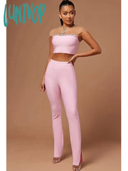 Lunivop Women Luxury Sexy Mesh Crystal Beading Pink Two Piece Pants Bandage Set Fashion Women’s