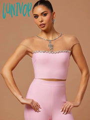 Lunivop Women Luxury Sexy Mesh Crystal Beading Pink Two Piece Pants Bandage Set Fashion Women’s