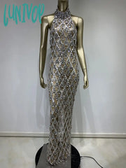 Lunivop Women Luxury Sexy Mesh Crystal Diamonds Beading Long Dress Birthday Party Costume Bar
