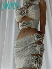 Lunivop Women Luxury Sexy O Neck Flower Diamonds Cut Out Silver Gold Pink Mini Skirt Set Knitted