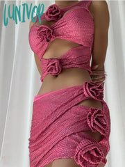 Lunivop Women Luxury Sexy O Neck Flower Diamonds Cut Out Silver Gold Pink Mini Skirt Set Knitted