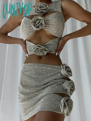 Lunivop Women Luxury Sexy O Neck Flower Diamonds Cut Out Silver Gold Pink Mini Skirt Set Knitted