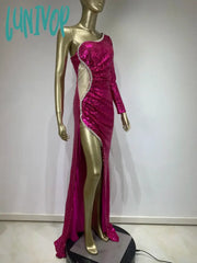 Lunivop Women Luxury Sexy One Shoulder Mesh Sequined Mermaid Pink Maxi Long Gowns Dress Elegant