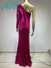 Lunivop Women Luxury Sexy One Shoulder Mesh Sequined Mermaid Pink Maxi Long Gowns Dress Elegant