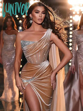 Lunivop Women Luxury Sexy One Shoulder Sequins Beige Ruffles Draped Maxi Long Dress Elegant Party