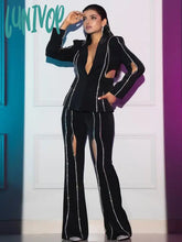 Lunivop Women Luxury Sexy Rhinestone Beading Black Long Sleeve Flare Pants Bandage Set Celebrity