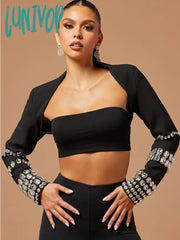 Lunivop Women Luxury Sexy Rhinestone Crystal Beading Black Three Pieces Pants Bandage Set Fashion