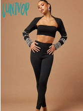 Lunivop Women Luxury Sexy Rhinestone Crystal Beading Black Three Pieces Pants Bandage Set Fashion