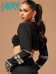 Lunivop Women Luxury Sexy Rhinestone Crystal Beading Black Three Pieces Pants Bandage Set Fashion