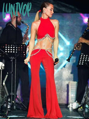 Lunivop Women Luxury Sexy Rhinestone Crystal Beading Red Two Piece Pants Bandage Set Fashion