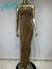 Lunivop Women Luxury Sexy Sleeveless Khaki Black Pearl Beading Maxi Long Gowns Dress Elegant