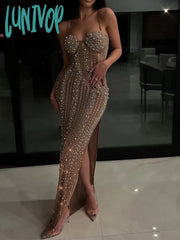 Lunivop Women Luxury Sexy Sleeveless Khaki Black Pearl Beading Maxi Long Gowns Dress Elegant