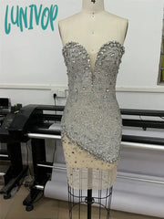 Lunivop Women Luxury Sexy Strapless Backless Beading Diamonds Silver Mini Gowns Dress Elegant