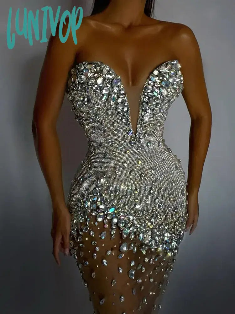 Lunivop Women Luxury Sexy Strapless Backless Beading Diamonds Silver Mini Gowns Dress Elegant