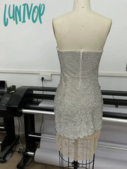 Lunivop Women Luxury Sexy Strapless Backless Beading Diamonds Silver Mini Gowns Dress Elegant