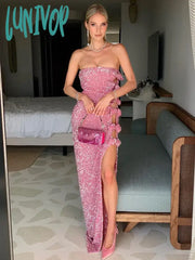 Lunivop Women Luxury Sexy Strapless Backless Bow Tie Mesh Sequins Pink Maxi Long Bodycon Gowns