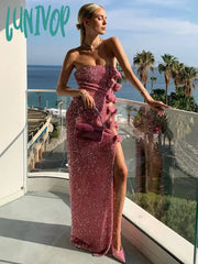 Lunivop Women Luxury Sexy Strapless Backless Bow Tie Mesh Sequins Pink Maxi Long Bodycon Gowns
