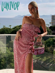 Lunivop Women Luxury Sexy Strapless Backless Bow Tie Mesh Sequins Pink Maxi Long Bodycon Gowns
