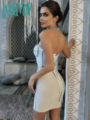 Lunivop Women Luxury Sexy Strapless Backless Crystal Sparkly Beige Pink Mini Bodycon Bandage Dress