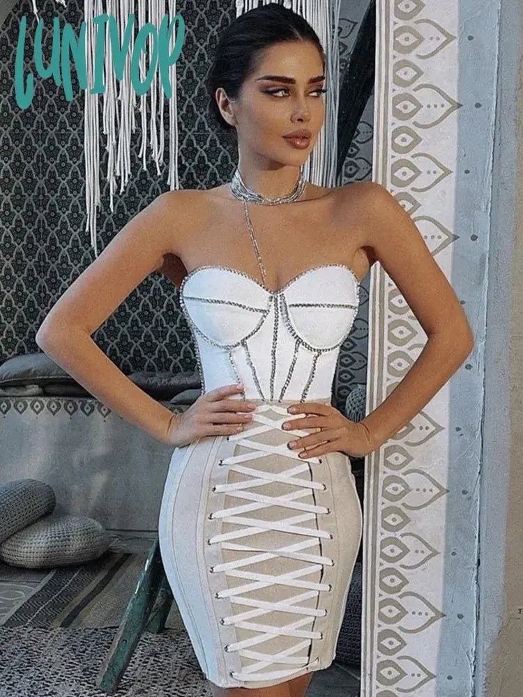 Lunivop Women Luxury Sexy Strapless Backless Crystal Sparkly Beige Pink Mini Bodycon Bandage Dress
