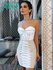 Lunivop Women Luxury Sexy Strapless Backless Crystal Sparkly Beige Pink Mini Bodycon Bandage Dress