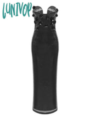 Lunivop Women Luxury Sexy Strapless Backless Mesh Sequins Black Maxi Long Gowns Dress Elegant
