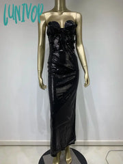 Lunivop Women Luxury Sexy Strapless Backless Mesh Sequins Black Maxi Long Gowns Dress Elegant