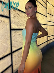 Lunivop Women Luxury Sexy Strapless Backless Mesh Sequins Gradient Bodycon Gowns Dress Elegant