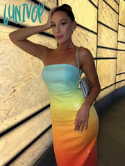 Lunivop Women Luxury Sexy Strapless Backless Mesh Sequins Gradient Bodycon Gowns Dress Elegant