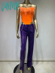 Lunivop Women Luxury Sexy Strapless Ostrich Feather Mesh Sequins Patchwork Pants Bandage Set