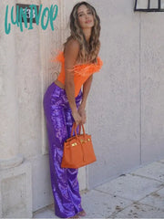 Lunivop Women Luxury Sexy Strapless Ostrich Feather Mesh Sequins Patchwork Pants Bandage Set