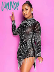 Lunivop Women Luxury Sexy Turtleneck Mesh Diamonds Crystal Tassel Beading Studded Beige Mini Dress