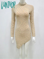 Lunivop Women Luxury Sexy Turtleneck Mesh Diamonds Crystal Tassel Beading Studded Beige Mini Dress