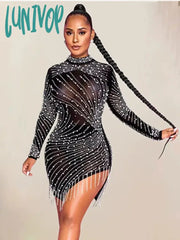 Lunivop Women Luxury Sexy Turtleneck Mesh Diamonds Crystal Tassel Beading Studded Beige Mini Dress