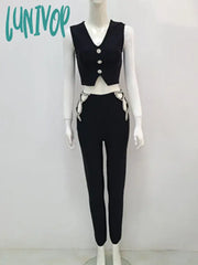 Lunivop Women Luxury Sexy V Neck Diamonds Blacktwo Piece Pencil Pants Bandage Set Fashion Women’s