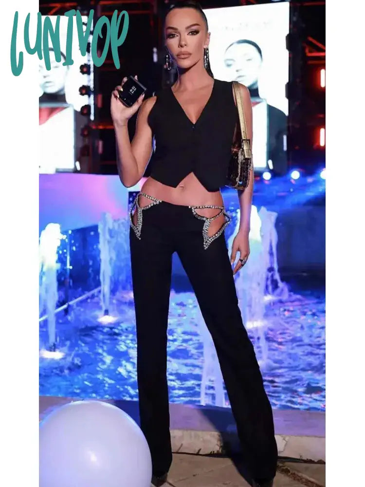 Lunivop Women Luxury Sexy V Neck Diamonds Blacktwo Piece Pencil Pants Bandage Set Fashion Women’s