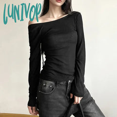 Lunivop Women Off Shoulder Crop Tops Grunge Solid Color Backless Tie Up Shirt 90S Long Sleeve Slim