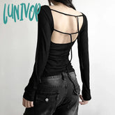 Lunivop Women Off Shoulder Crop Tops Grunge Solid Color Backless Tie Up Shirt 90S Long Sleeve Slim
