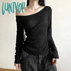 Lunivop Women Off Shoulder Crop Tops Grunge Solid Color Backless Tie Up Shirt 90S Long Sleeve Slim