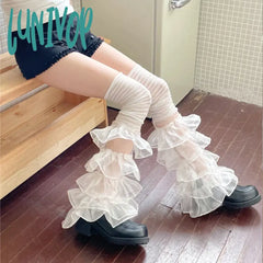 Lunivop Women Over The Knee Leg Socks Lace Ruffles Cover Y2K Japanese Punk Harajuku Warmers Jk
