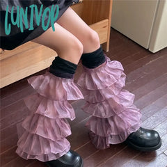 Lunivop Women Over The Knee Leg Socks Lace Ruffles Cover Y2K Japanese Punk Harajuku Warmers Jk