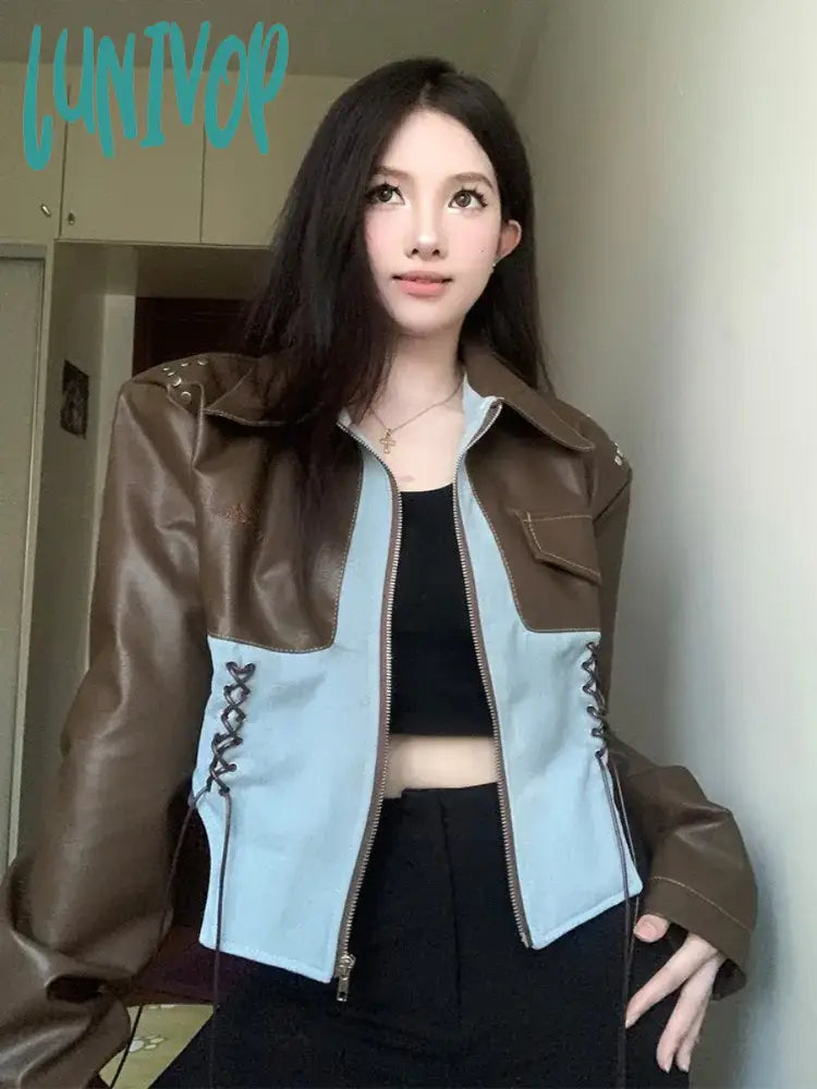 Lunivop Women Patchwork Bandage Y2K Aesthetic Cropped Coats Autumn Streetwear Punk Chaquetas Korean