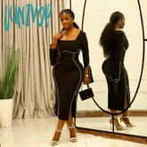 Lunivop Women Rhinestone Black Dress Sexy Diamond Patchwork Long Sleeve Slit Midi Square Collar