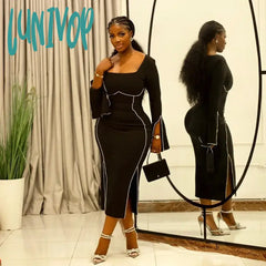 Lunivop Women Rhinestone Black Dress Sexy Diamond Patchwork Long Sleeve Slit Midi Square Collar