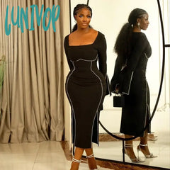 Lunivop Women Rhinestone Black Dress Sexy Diamond Patchwork Long Sleeve Slit Midi Square Collar