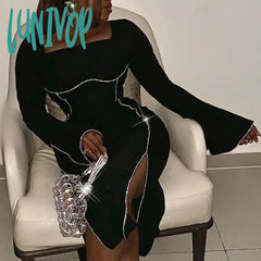 Lunivop Women Rhinestone Black Dress Sexy Diamond Patchwork Long Sleeve Slit Midi Square Collar