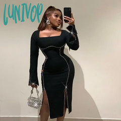 Lunivop Women Rhinestone Black Dress Sexy Diamond Patchwork Long Sleeve Slit Midi Square Collar