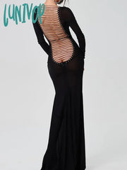 Lunivop Women See Through Bodycon Long Dress Sleeve Mesh Sheer Maxi Cross Tie Up Backless Club Party