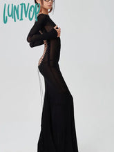 Lunivop Women See Through Bodycon Long Dress Sleeve Mesh Sheer Maxi Cross Tie Up Backless Club Party